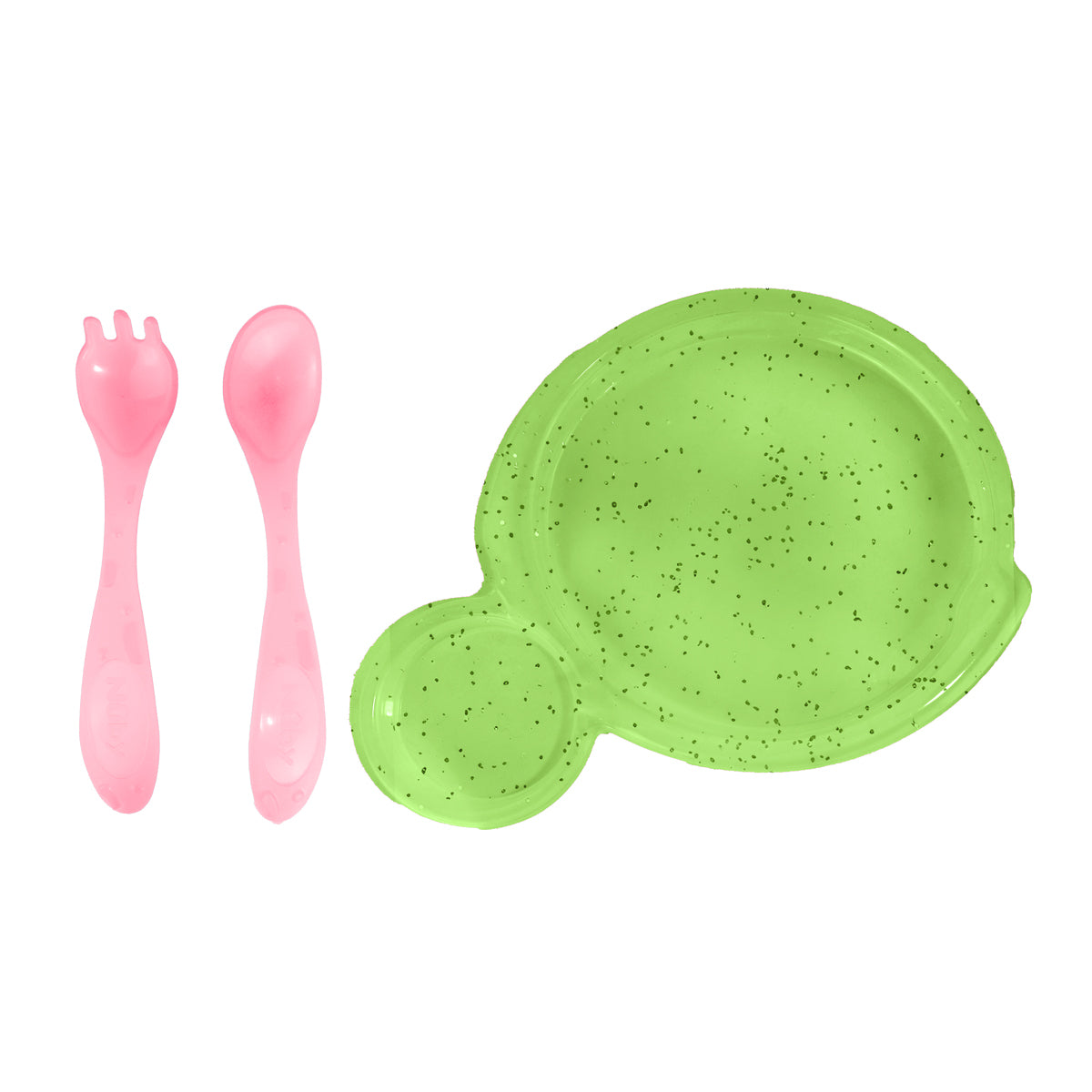 Set de Plato Glitter Verde y 2 Cubiertos Rojos para Bebé, Nuby