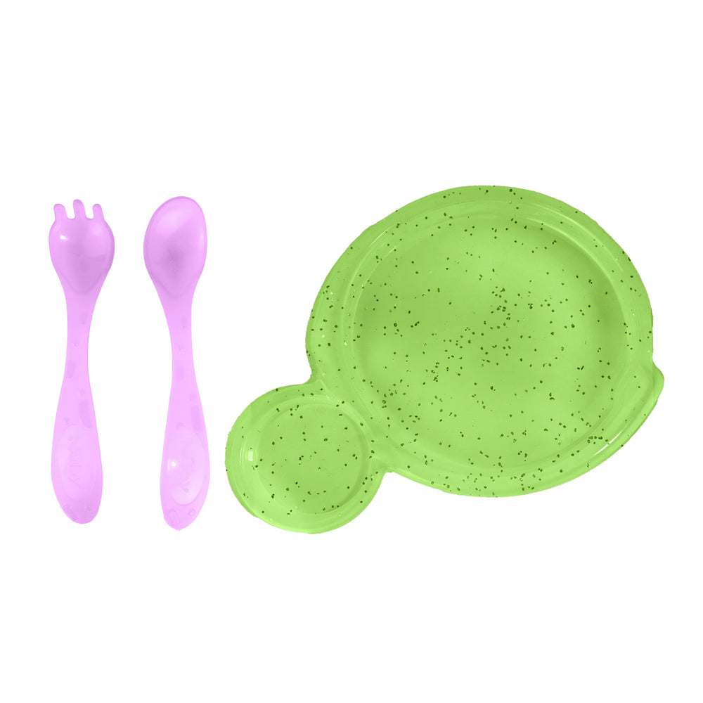 Set de Plato Glitter Verde y 2 Cubiertos Morados para Bebé, Nuby
