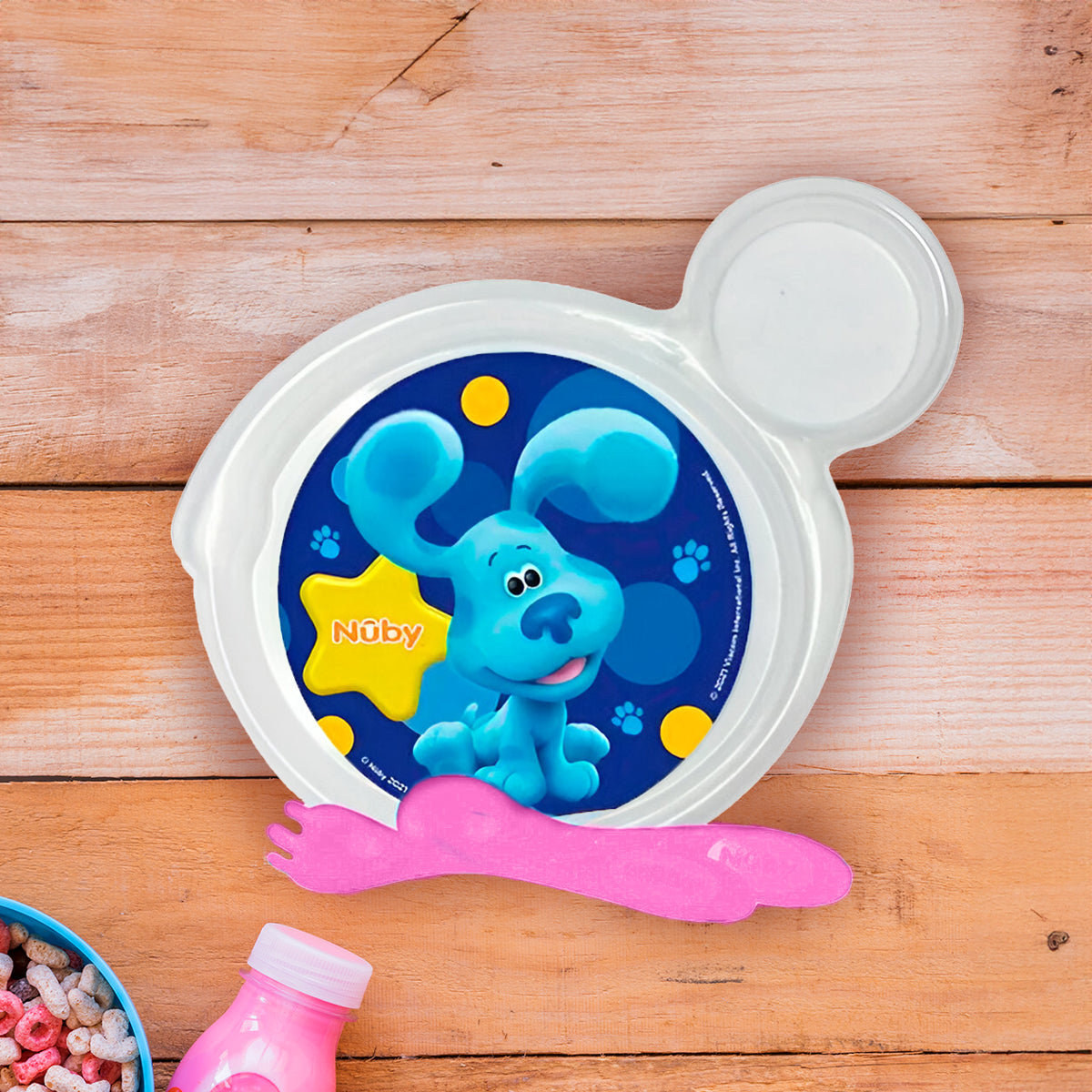 Set de Plato Transparente y Cubiertos Rosas para Bebé, Las Pistas de Blue, Nuby