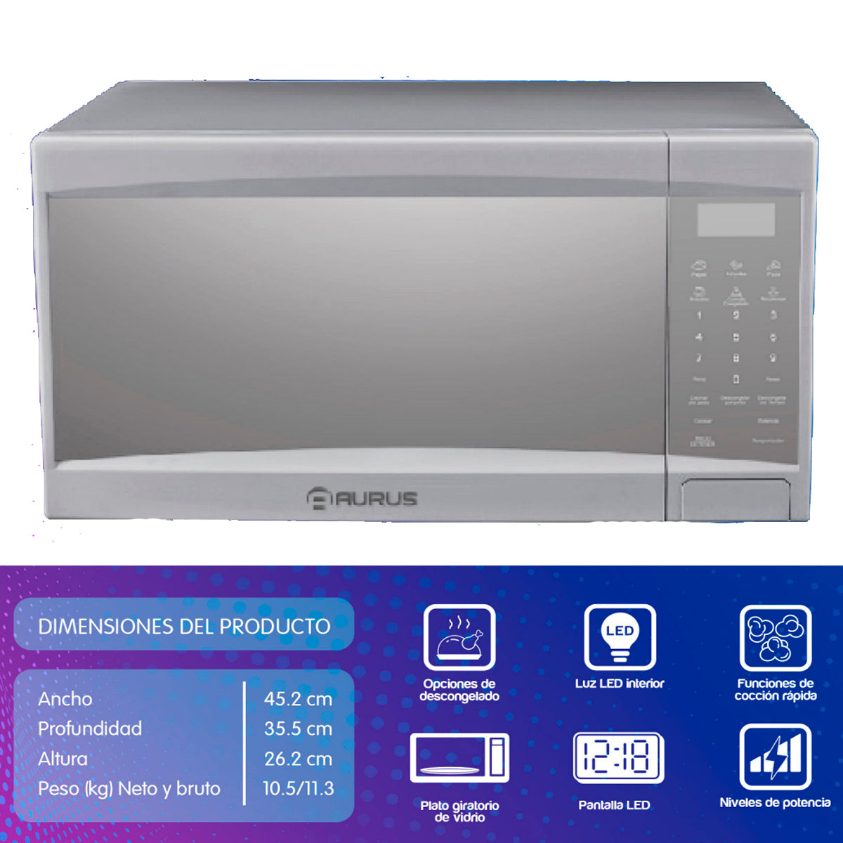 HORNO DE MICROONDAS AURUS MOD. AMP07GS 0.7P3 SILVER**