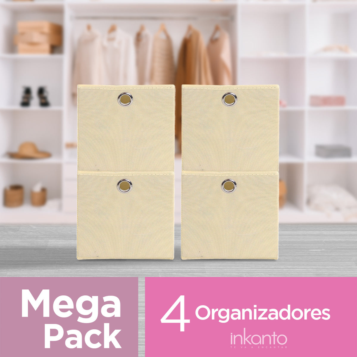 Mega Pack de 4 Cajas Cuadradas para Almacenamiento color Crema, Organizador Non Woven