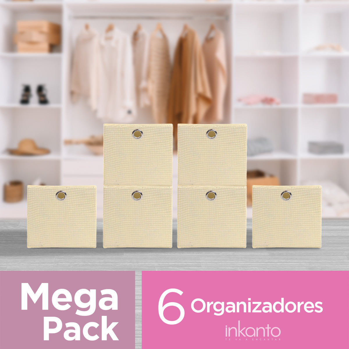Mega Pack de 6 Cajas Cuadradas para Almacenamiento color Crema, Organizador Non Woven