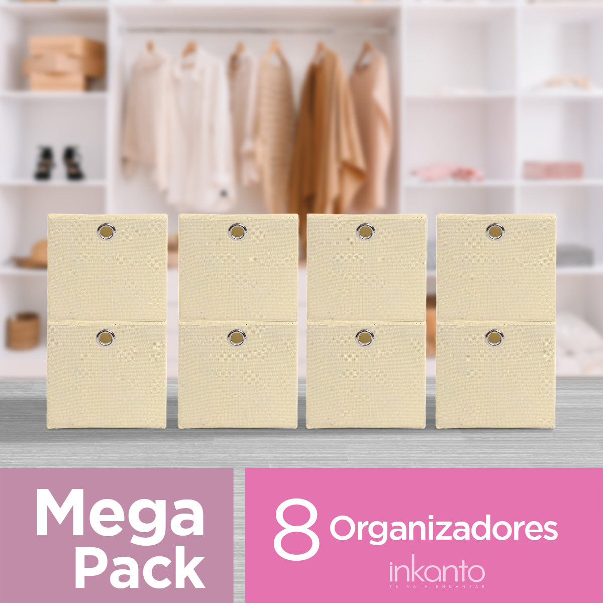 Mega Pack de 8 Cajas Cuadradas para Almacenamiento color Crema, Organizador Non Woven