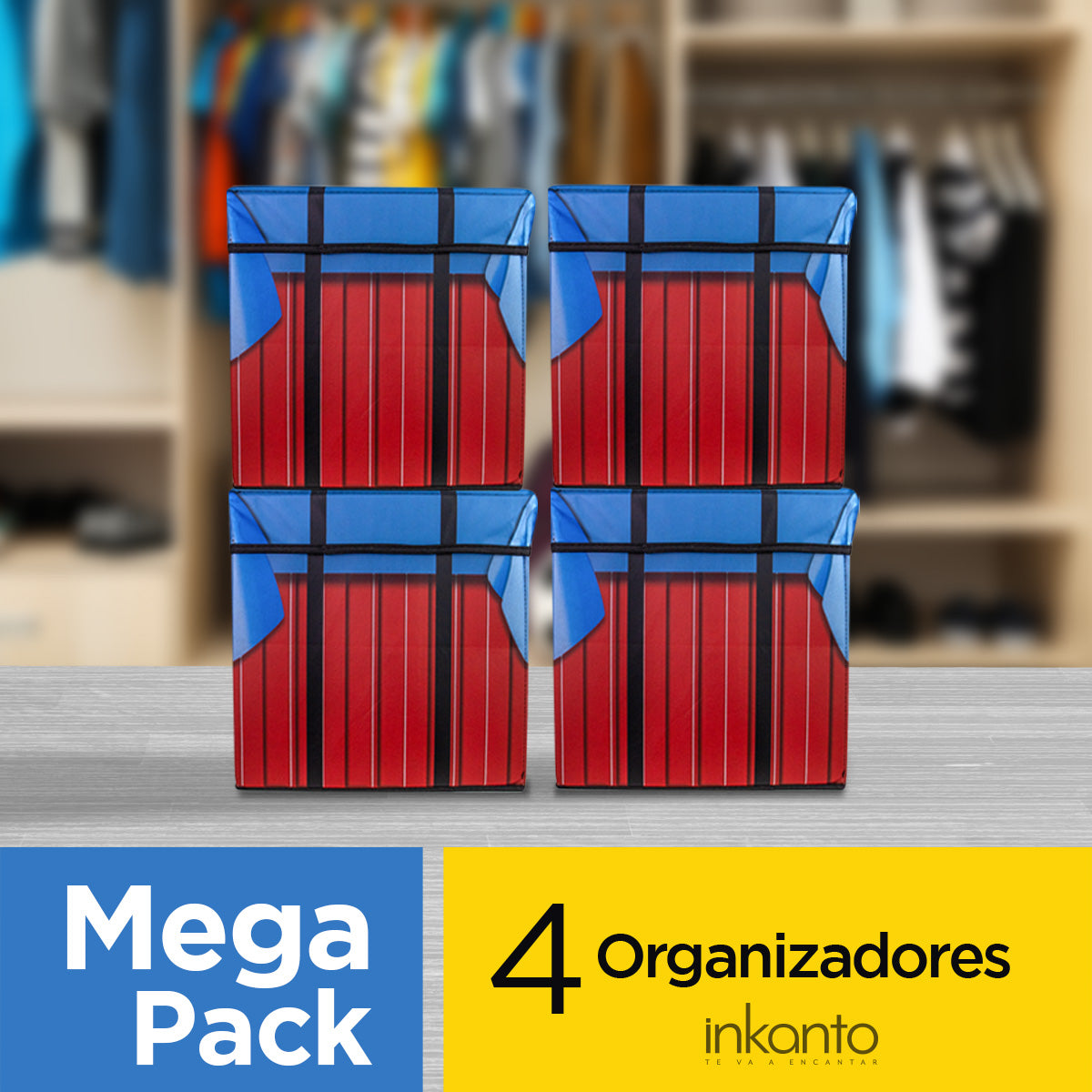 Mega Pack de 4 Cajas Organizadoras color Rojo con Azul, Inkanto