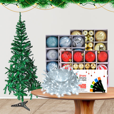 Paquete Navidad con 3 Cajas de Esferas, 2 Series de Luces y 1 Árbol Navideño 1.8m