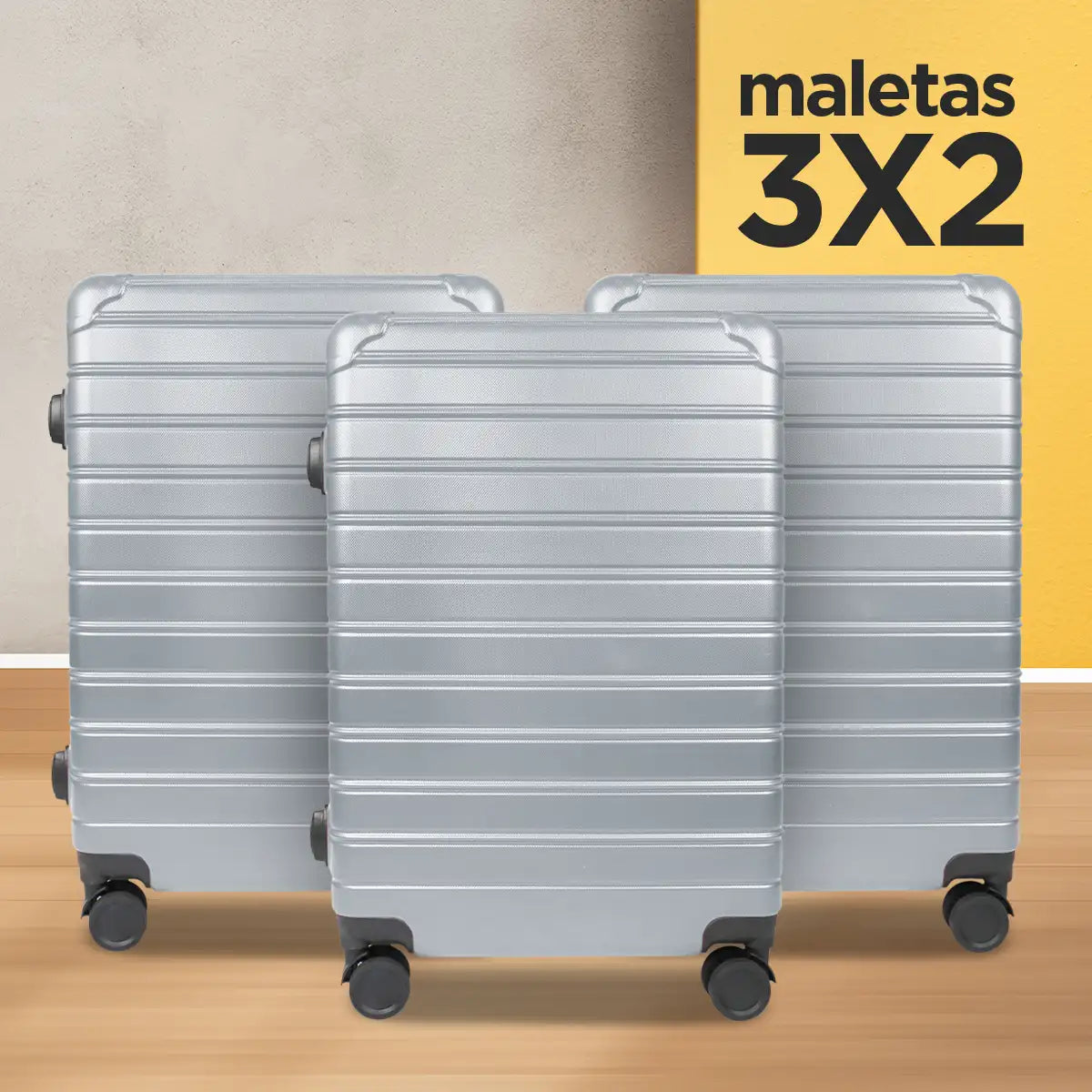 Set de Maletas de Viaje Líneas, color Plata: ¡Llévate 3 y paga 2!, 43x26x65cm