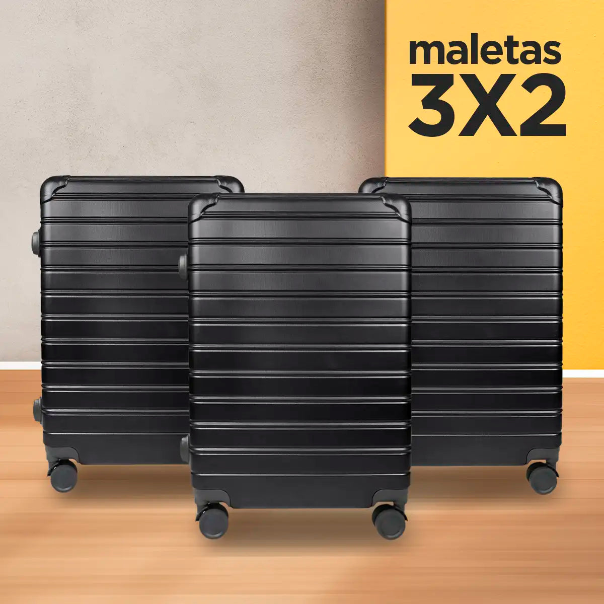 Set de Maletas de Viaje Líneas, color Negro: ¡Llévate 3 y paga 2!, 43x26x65cm