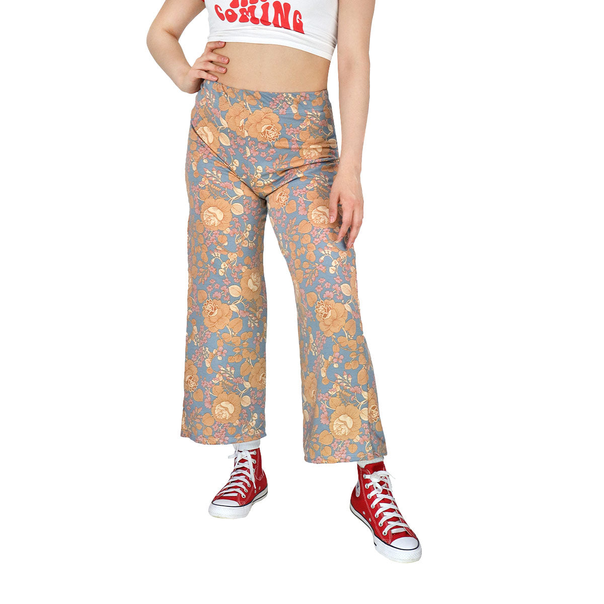 Pantalón Casual color Azul con Estampado de Flores Beige para Dama