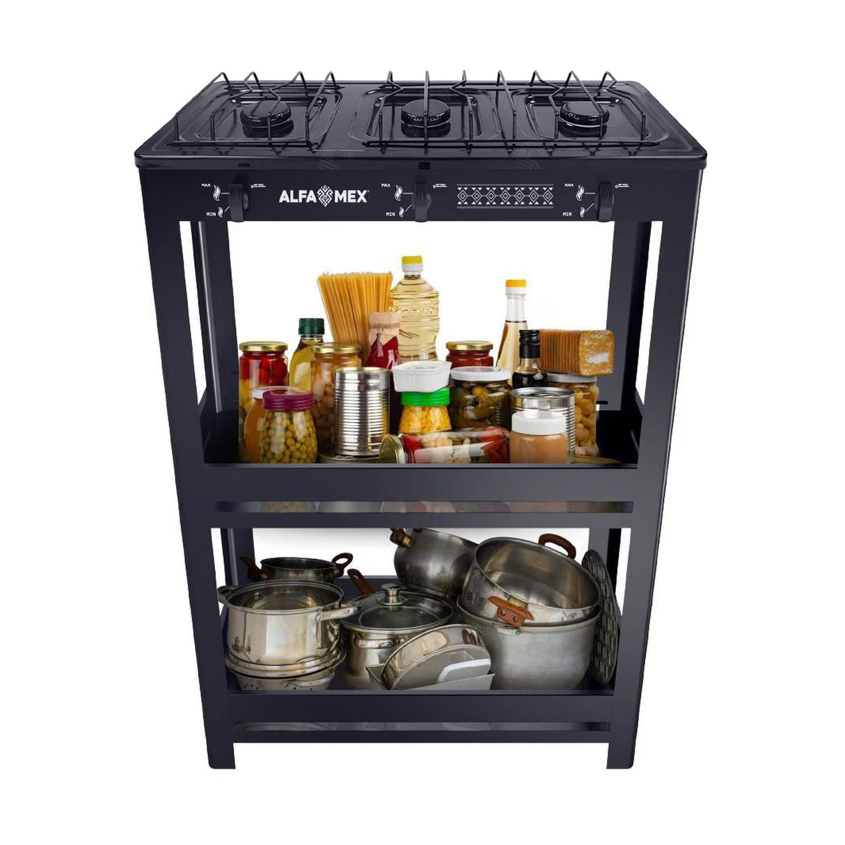 Parrilla de Gas con Estante Alfamex 3 Quemadores Negra 911