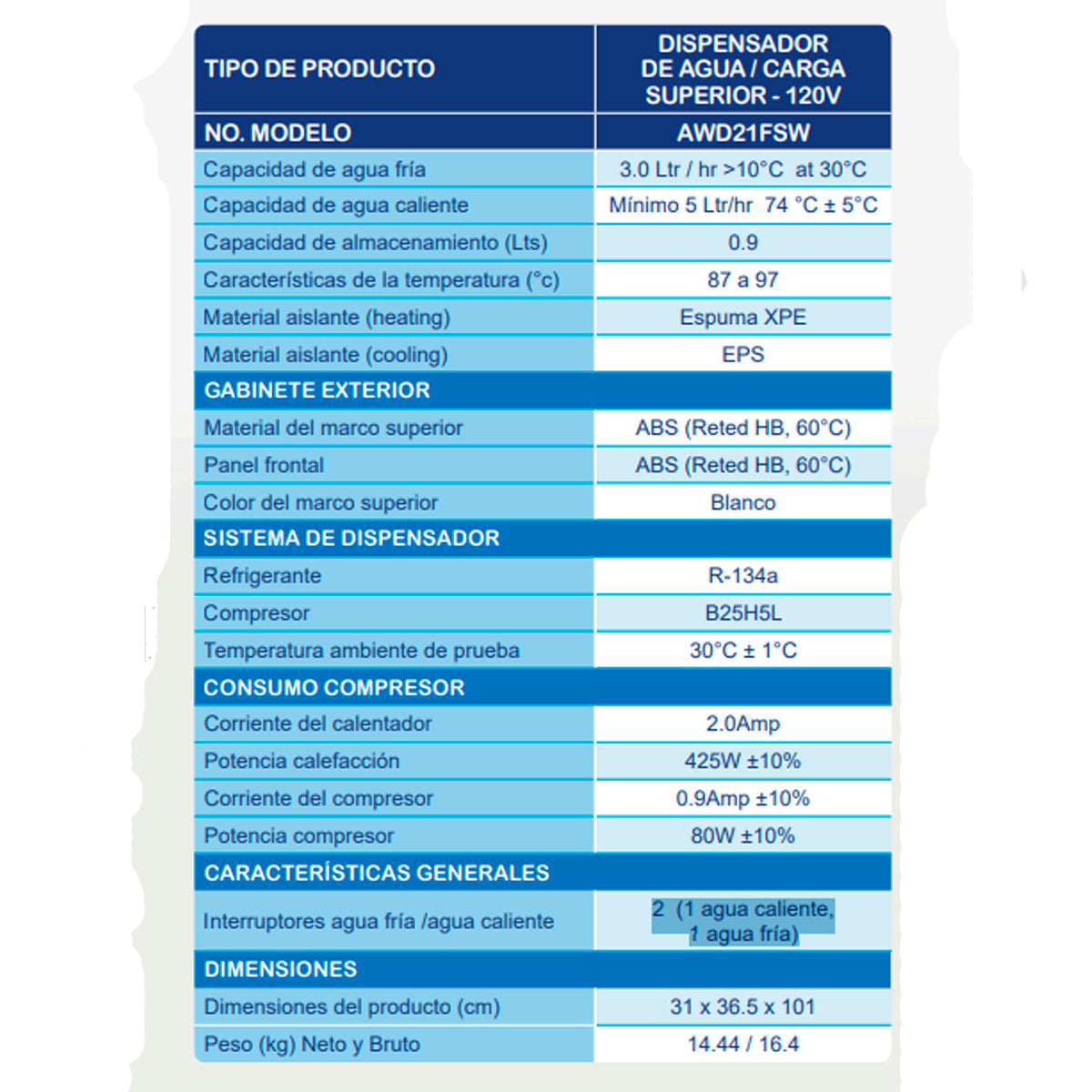 DISPENSADOR DE AGUA AURUS MOD. AWD21FSW BLANCO**