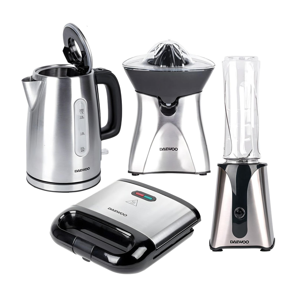Combo Desayuno Daewoo Jarra Eléctrica + Exprimidor + Licuadora Personal + Sandwichera