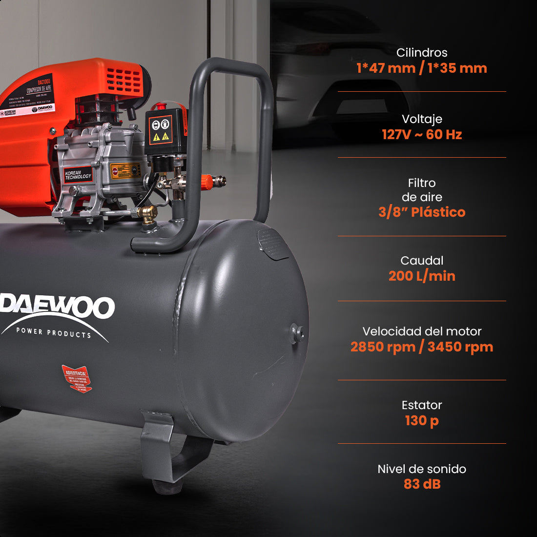 Compresor de aire, lubricado, horizontal 100L 2HP 110V 200L/min DAEWOO