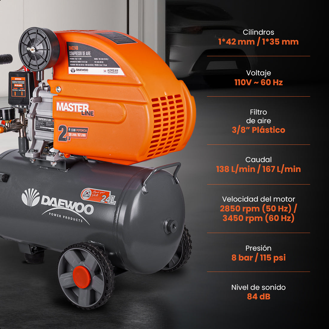 Compresor de aire, lubricado, horizontal 24L 2HP 110V 115psi (+kit) DAEWOO