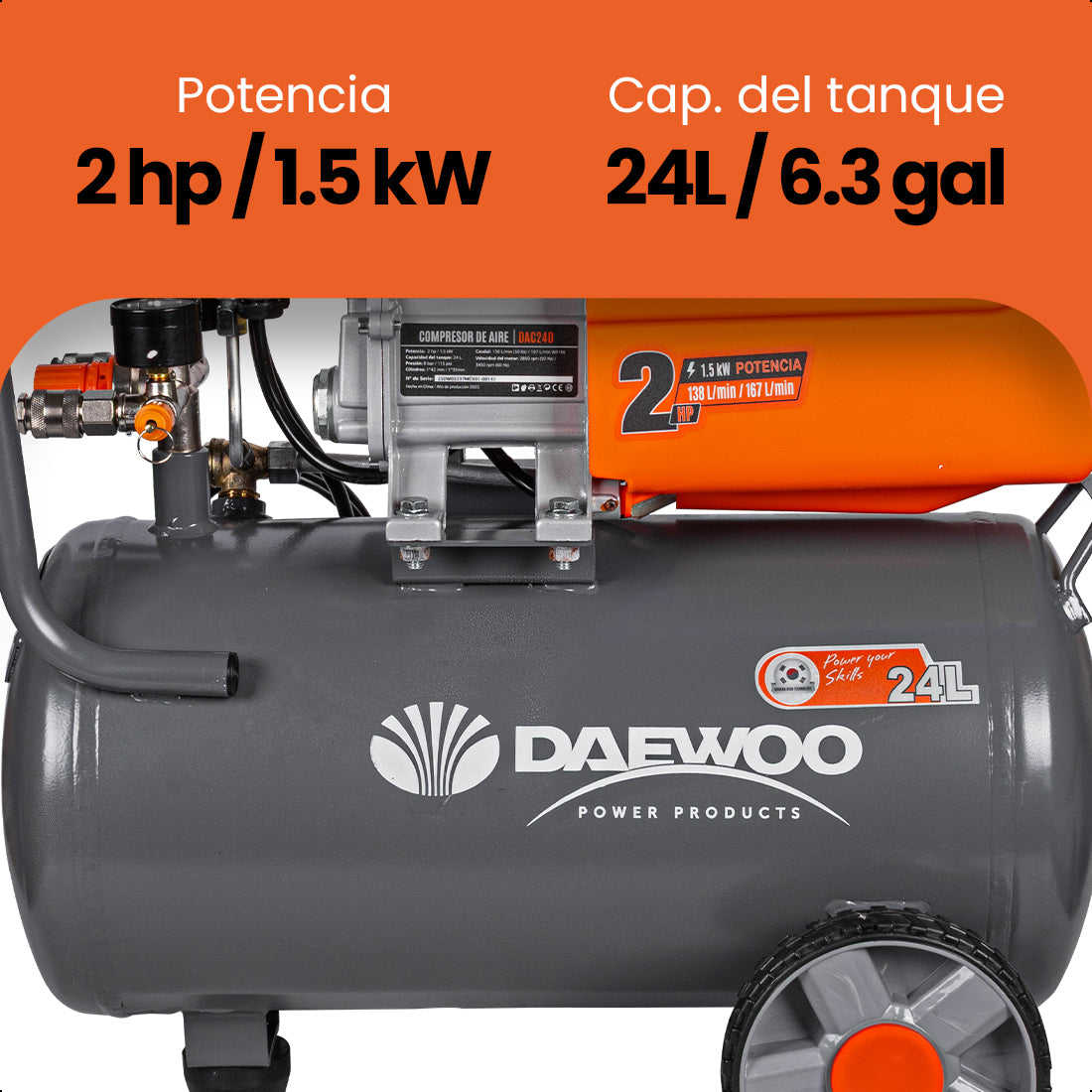 Compresor de aire, lubricado, horizontal 24L 2HP 110V 115psi (+kit) DAEWOO