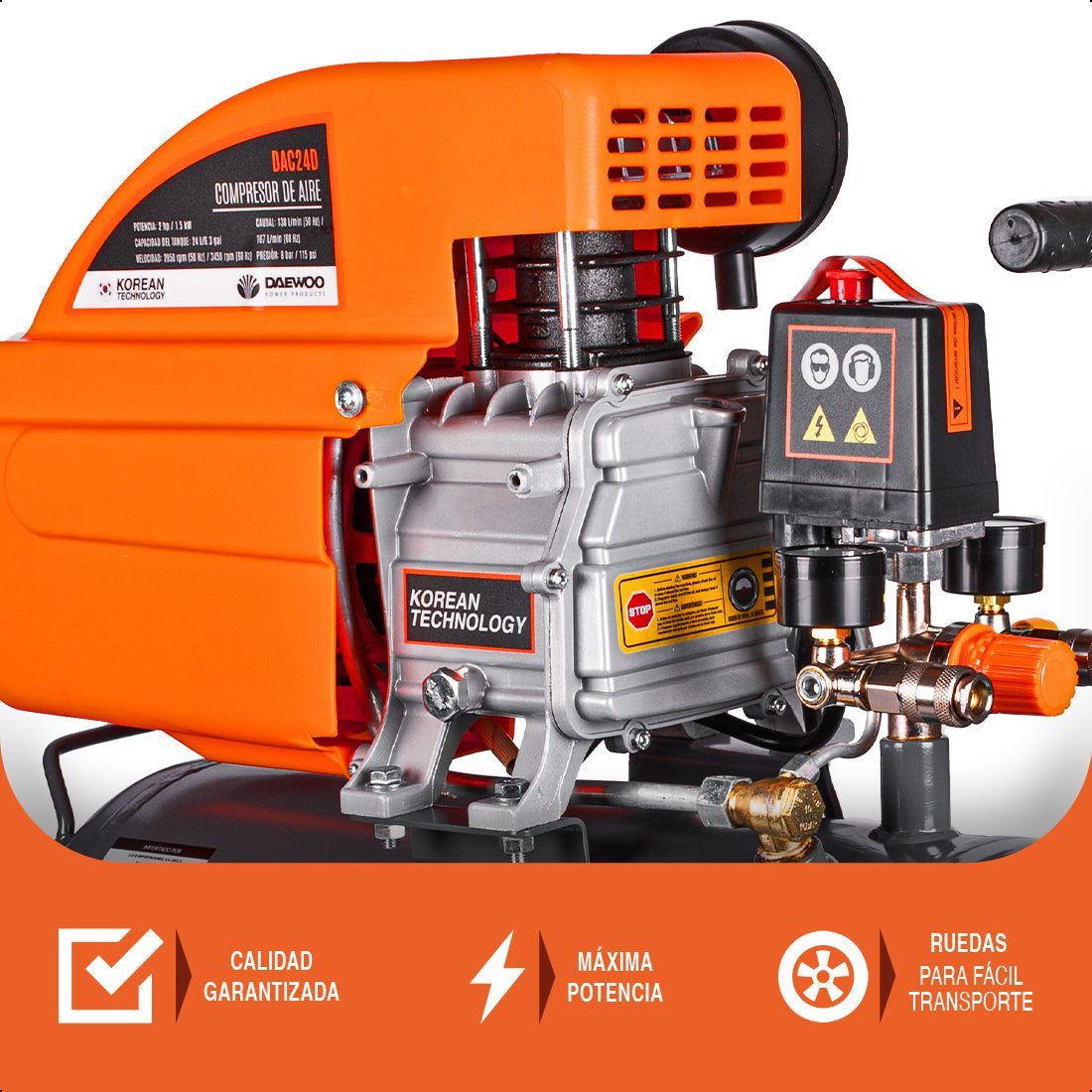 Compresor de aire, lubricado, horizontal 24L 2HP 110V 115psi (+kit) DAEWOO