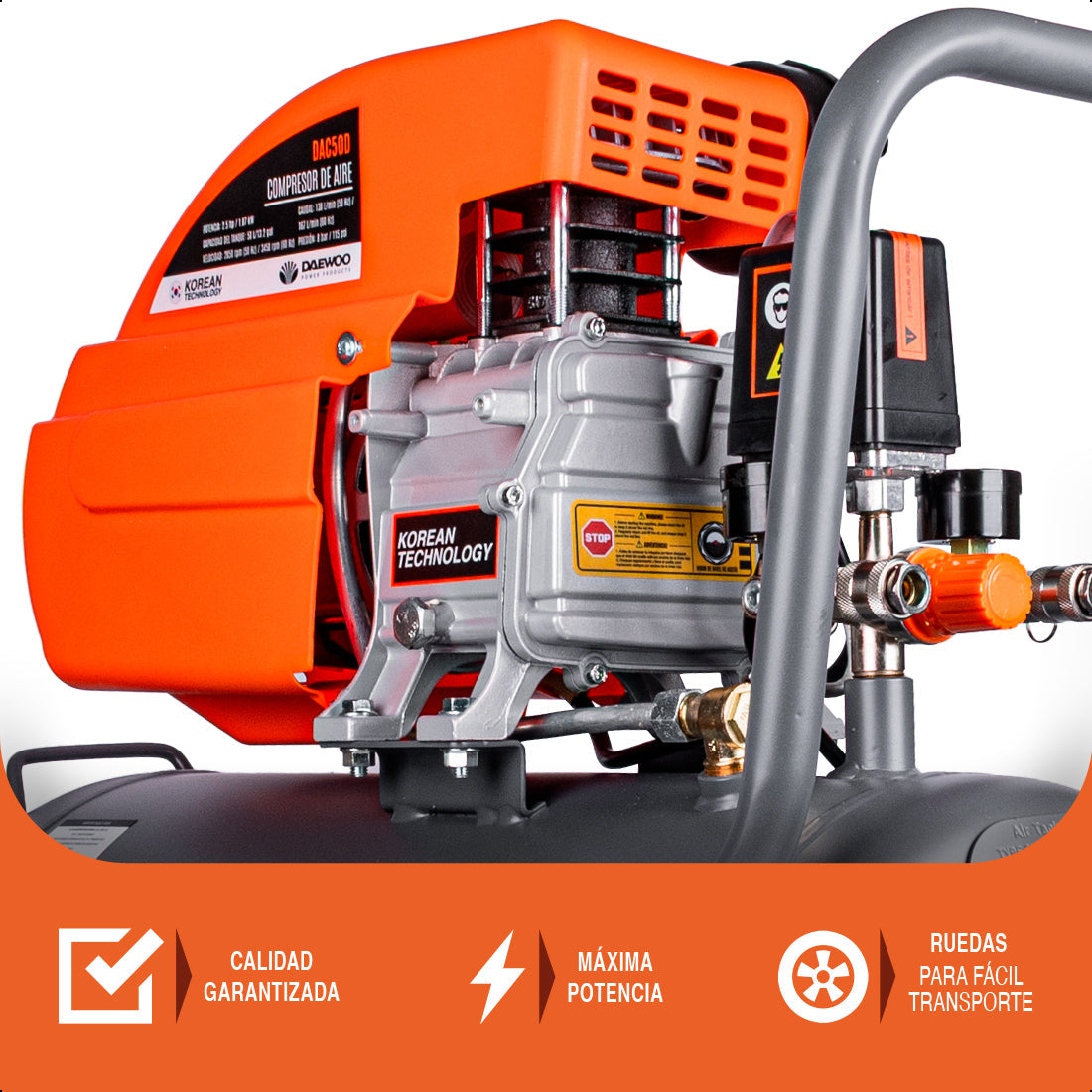 Compresor de aire, lubricado, horizontal 50L 2.5HP 110V 115psi (+kit) DAEWOO