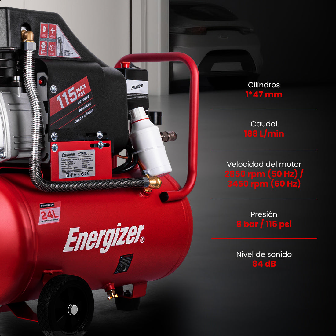 Compresor de aire, lubricado, horizontal 24L 2HP 110V 115psi ENERGIZER