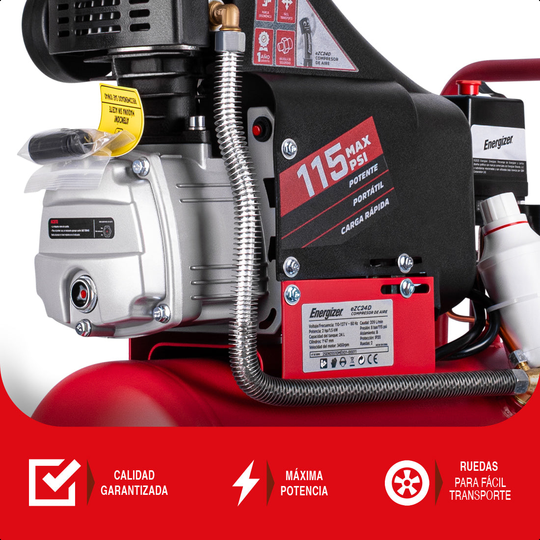 Compresor de aire, lubricado, horizontal 24L 2HP 110V 115psi ENERGIZER