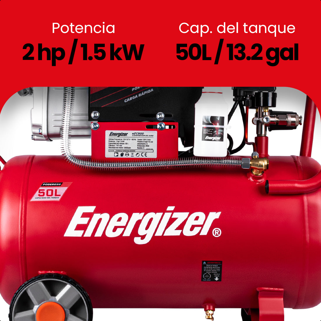 Compresor de aire, lubricado, horizontal 50L 2HP 110V 115psi ENERGIZER