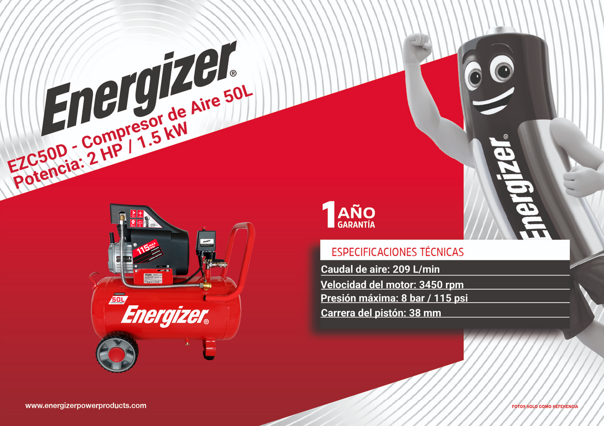 Compresor de aire, lubricado, horizontal 50L 2HP 110V 115psi ENERGIZER
