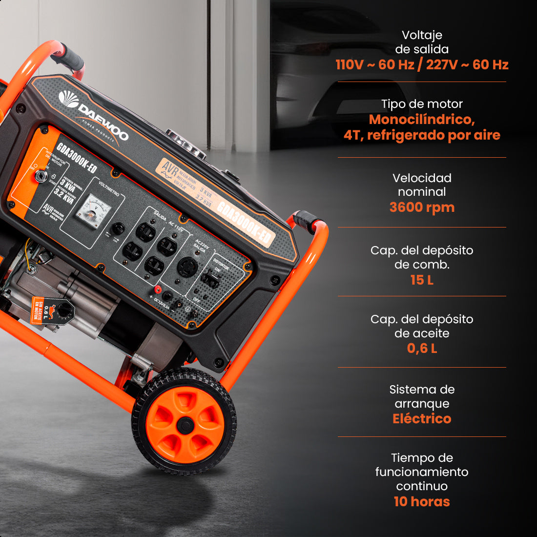 Generador portátil 3.2 kW 212CC 15L Regulador Voltaje Arr Elect 10 hrs DAEWOO