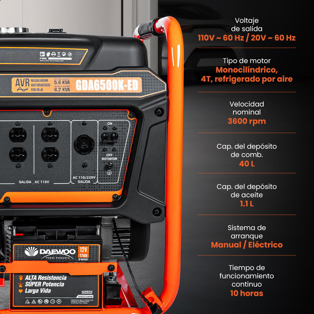 Generador portátil 6.2 kW 420CC 40L Regulador Voltaje Arr Elect-Man DAEWOO