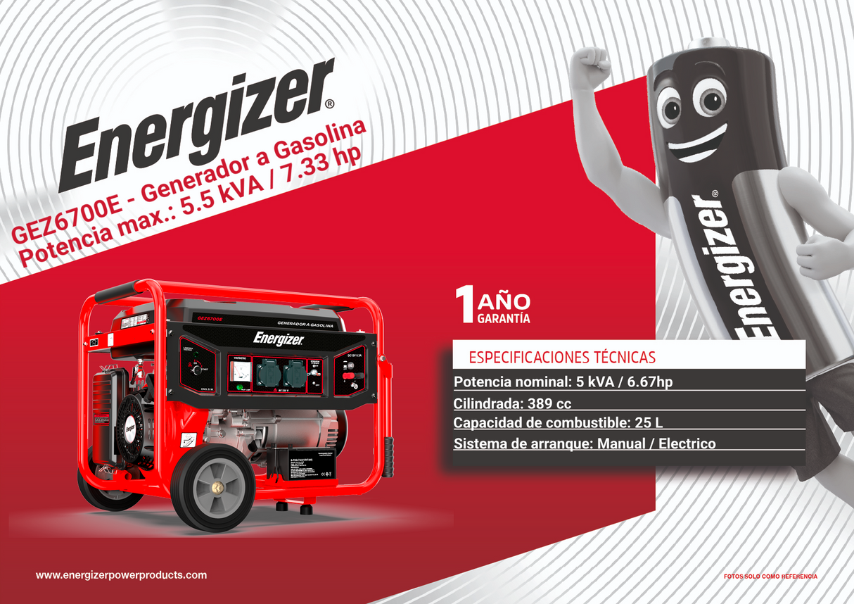 Generador de luz portátil 5.5 kW 389CC 25L Regulador Voltaje Arr Man ENERGIZER