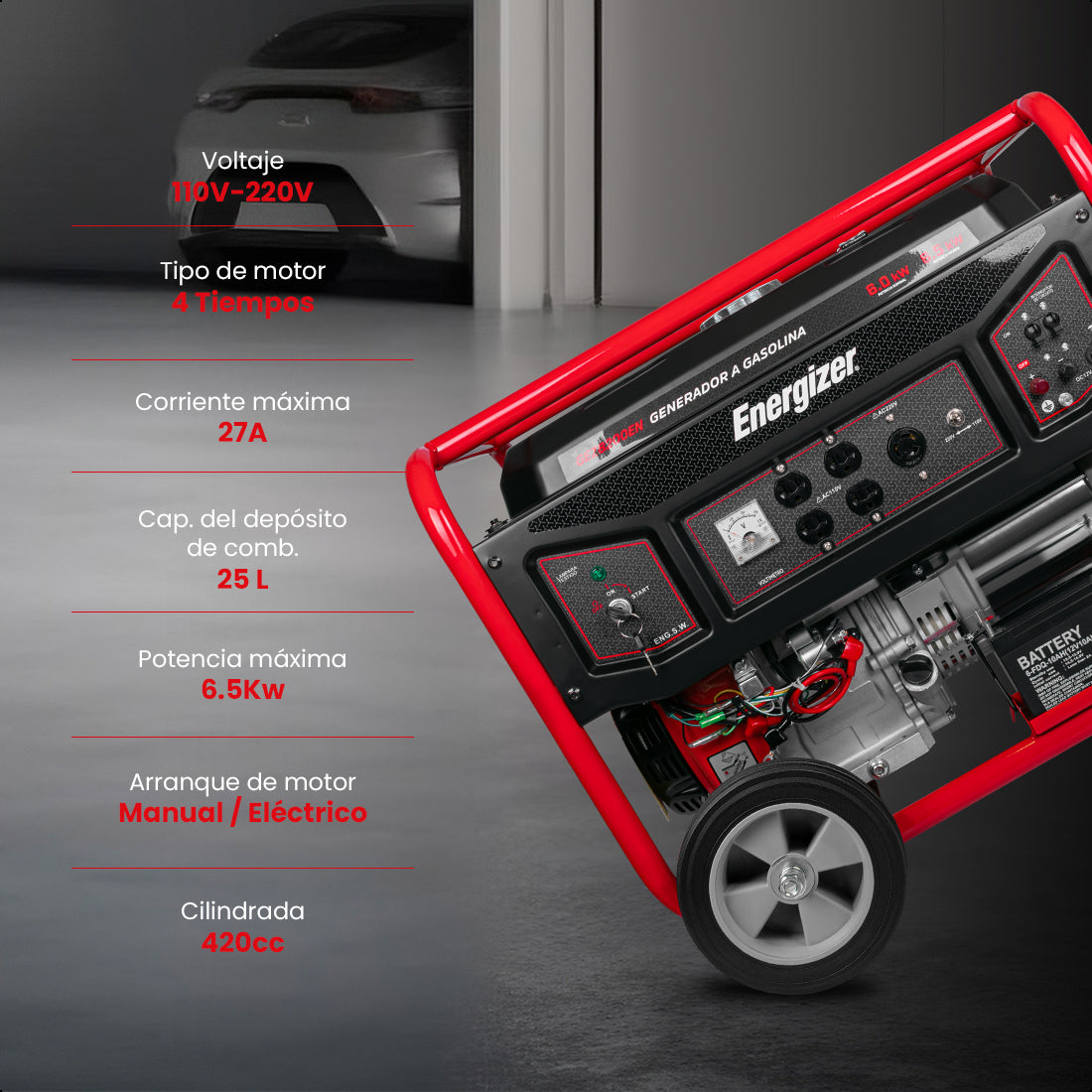Generador portátil 6.5 kW 420CC 25L Regulador Voltaje Arr Man ENERGIZER GEZ8200EN