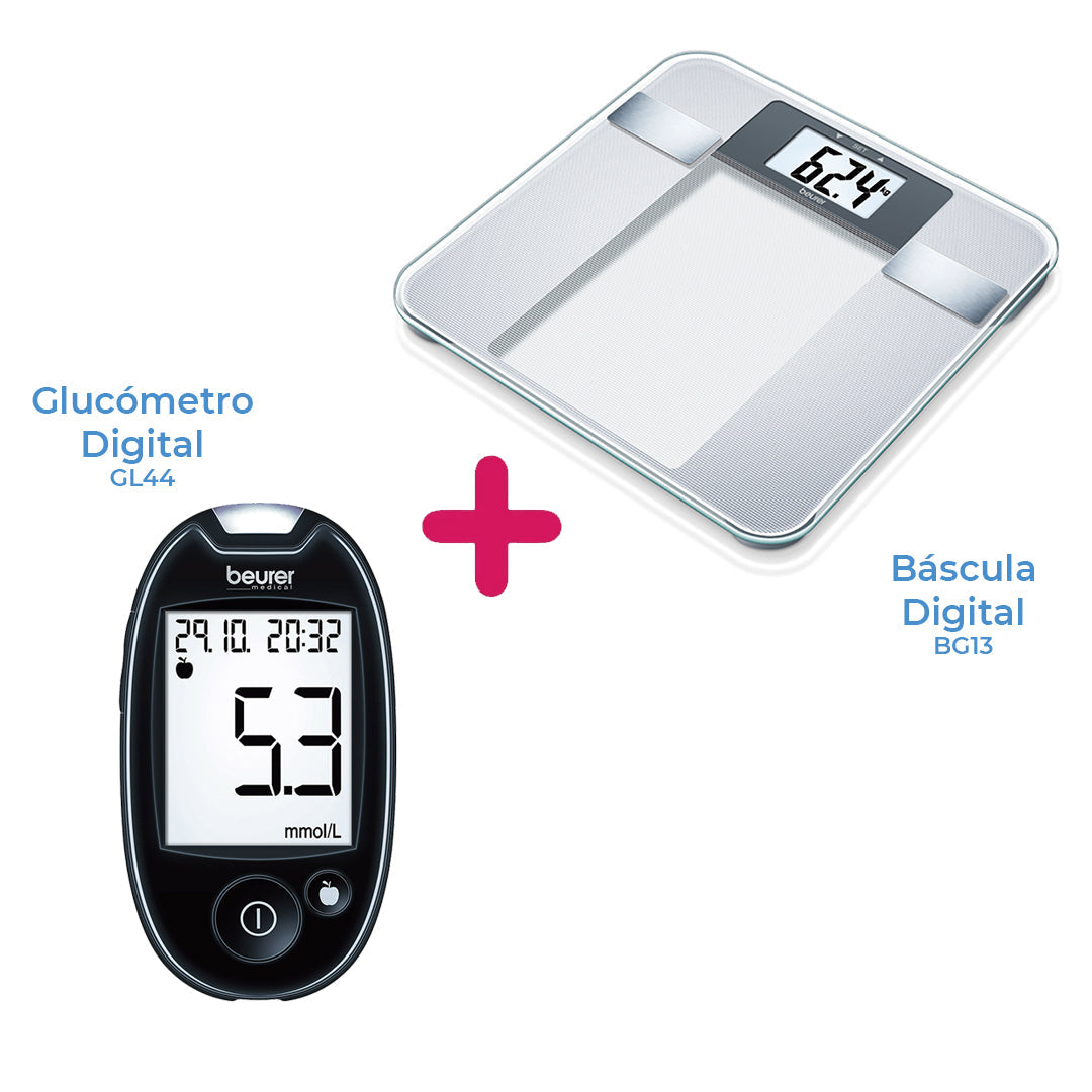 Báscula Diagnóstica de Vidrio, Calcula IMC + Glucómetro Digital con Disparador de Lancetas GL44 / BG13 + GL44 Marca Beurer®