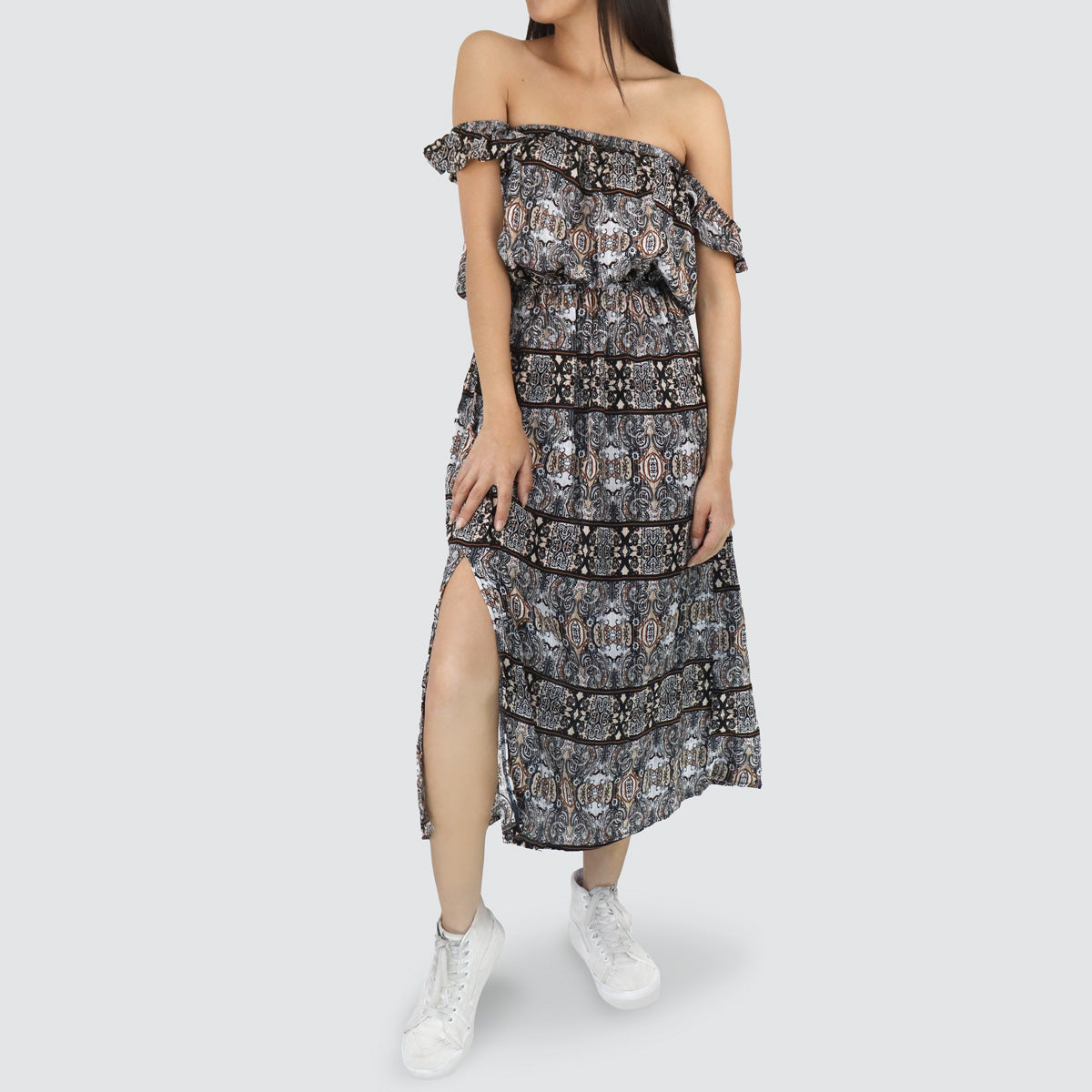 Vestido Casual con Abertura Frontal para Dama, color Gris con Café