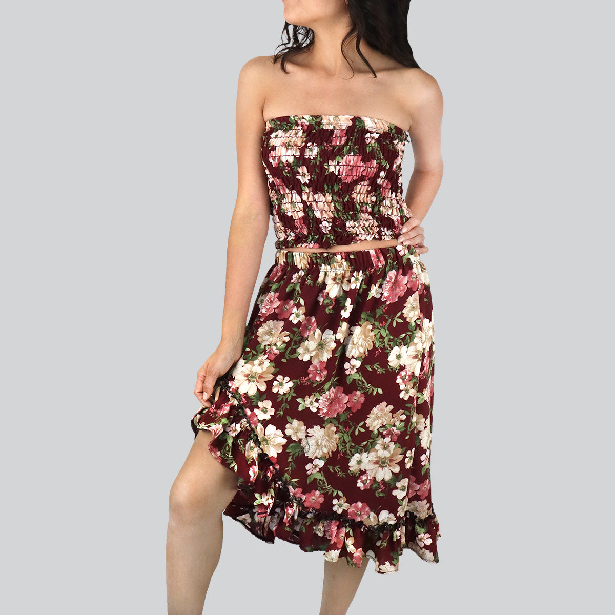 Conjunto de Top Corto Fruncido y Falda para Dama, color Vino con Beige