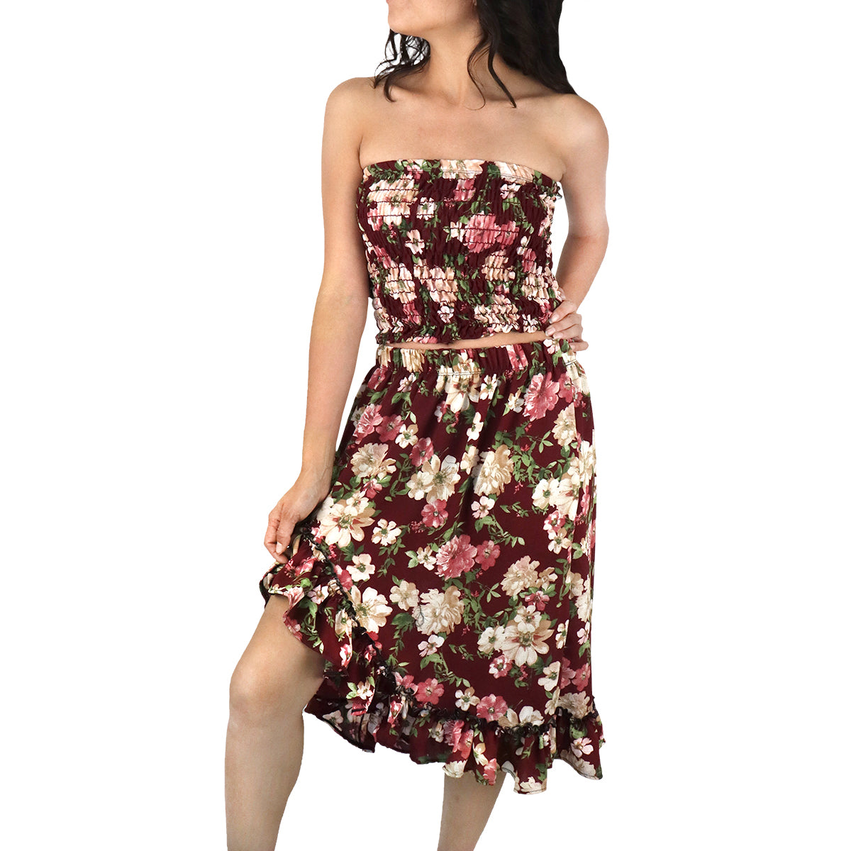 Conjunto de Top Corto Fruncido y Falda para Dama, color Vino con Beige