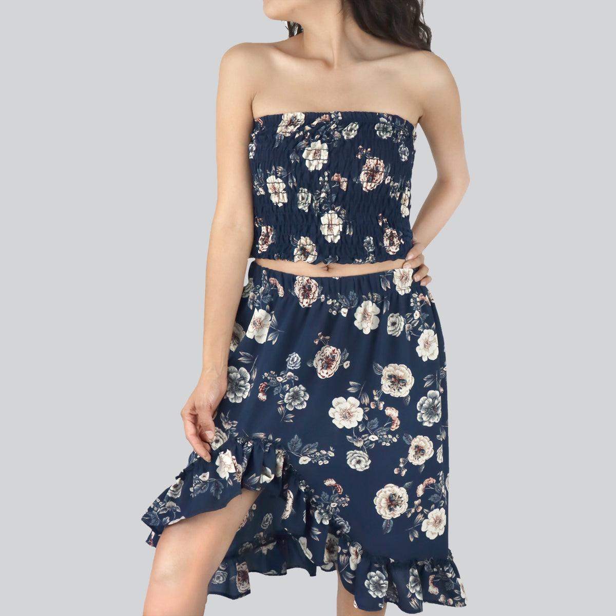 Conjunto de Top Corto Fruncido y Falda para Dama, color Azul Marino con Blanco