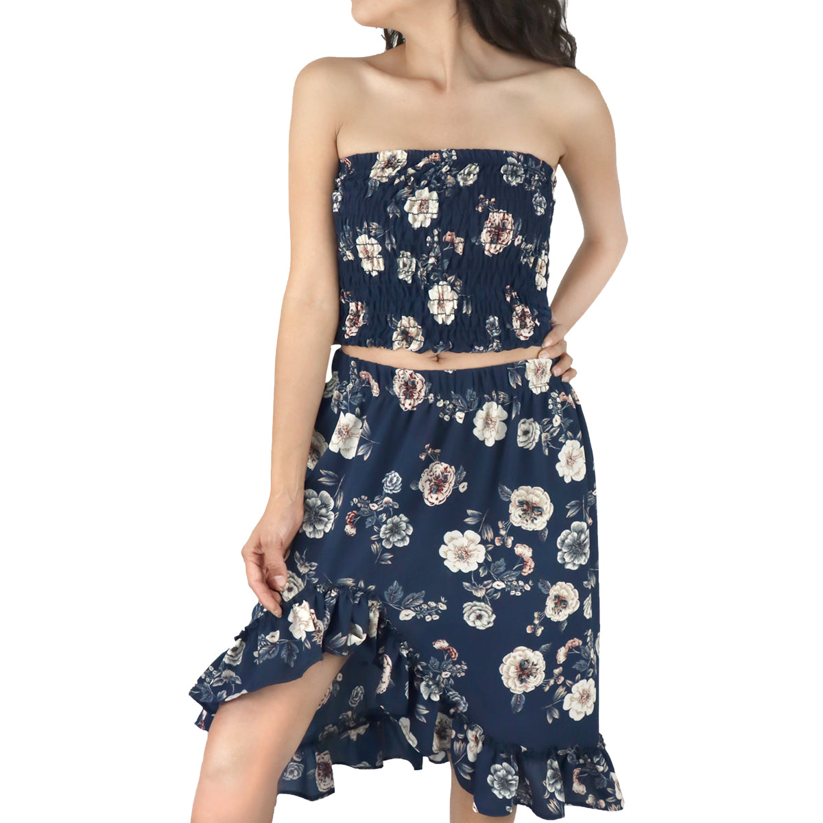 Conjunto de Top Corto Fruncido y Falda para Dama, color Azul Marino con Blanco