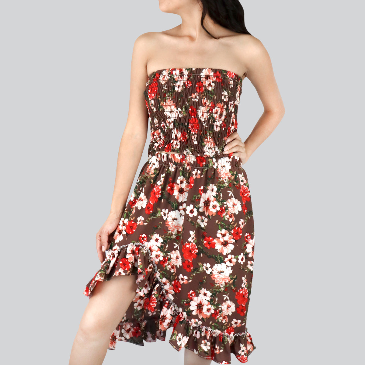 Conjunto de Top Corto Fruncido y Falda para Dama, color Café