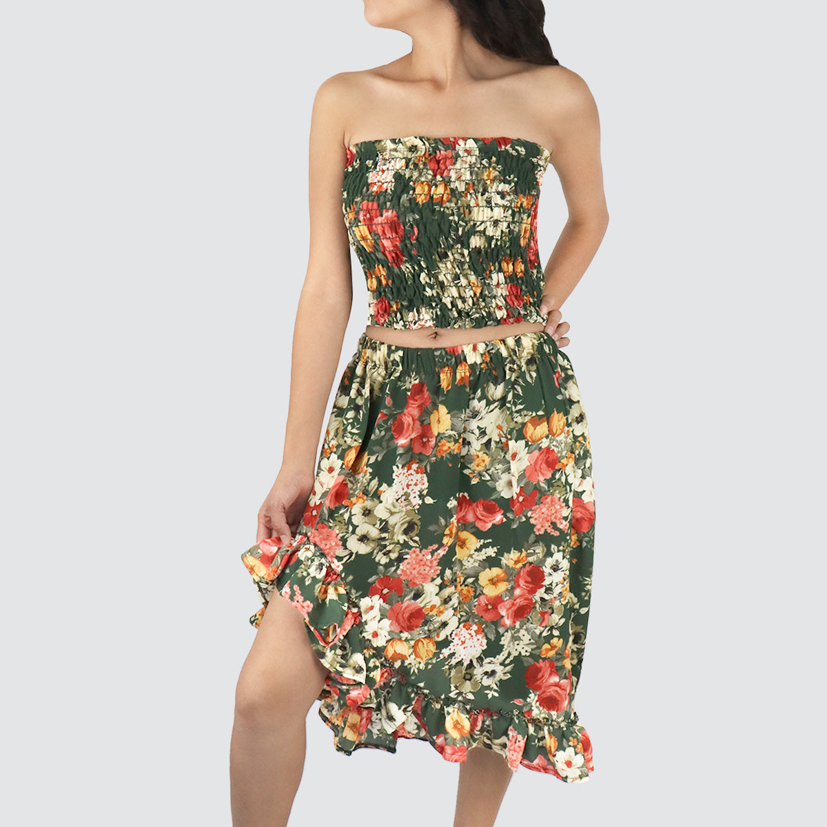 Conjunto de Top Corto Fruncido y Falda para Dama, color Verde Bandera