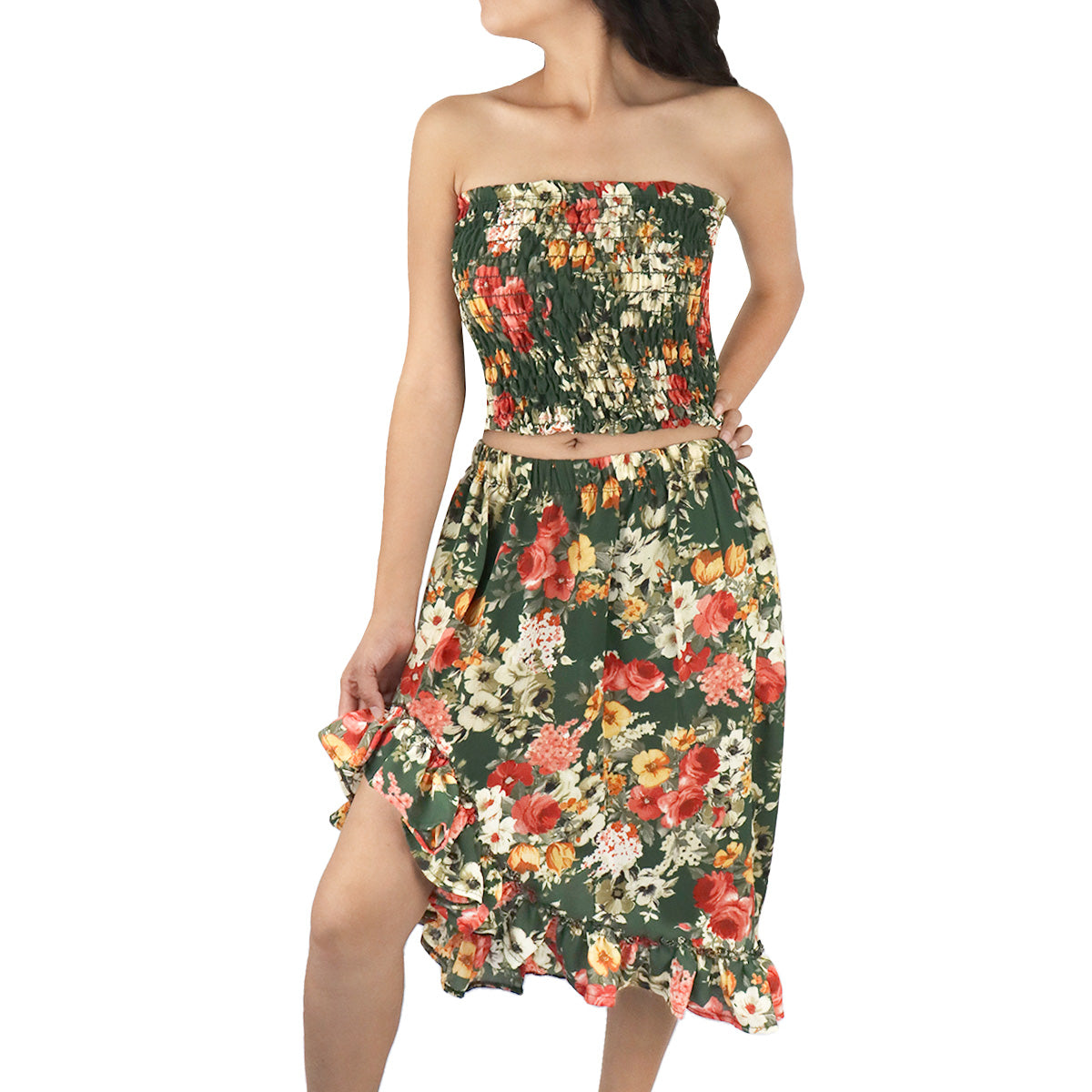 Conjunto de Top Corto Fruncido y Falda para Dama, color Verde Bandera