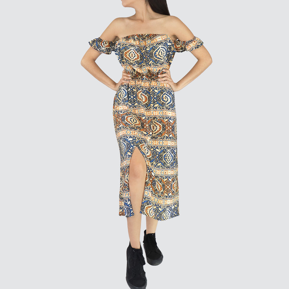 Vestido Casual con Hombros Descubiertos para Dama, color Azul con Naranja