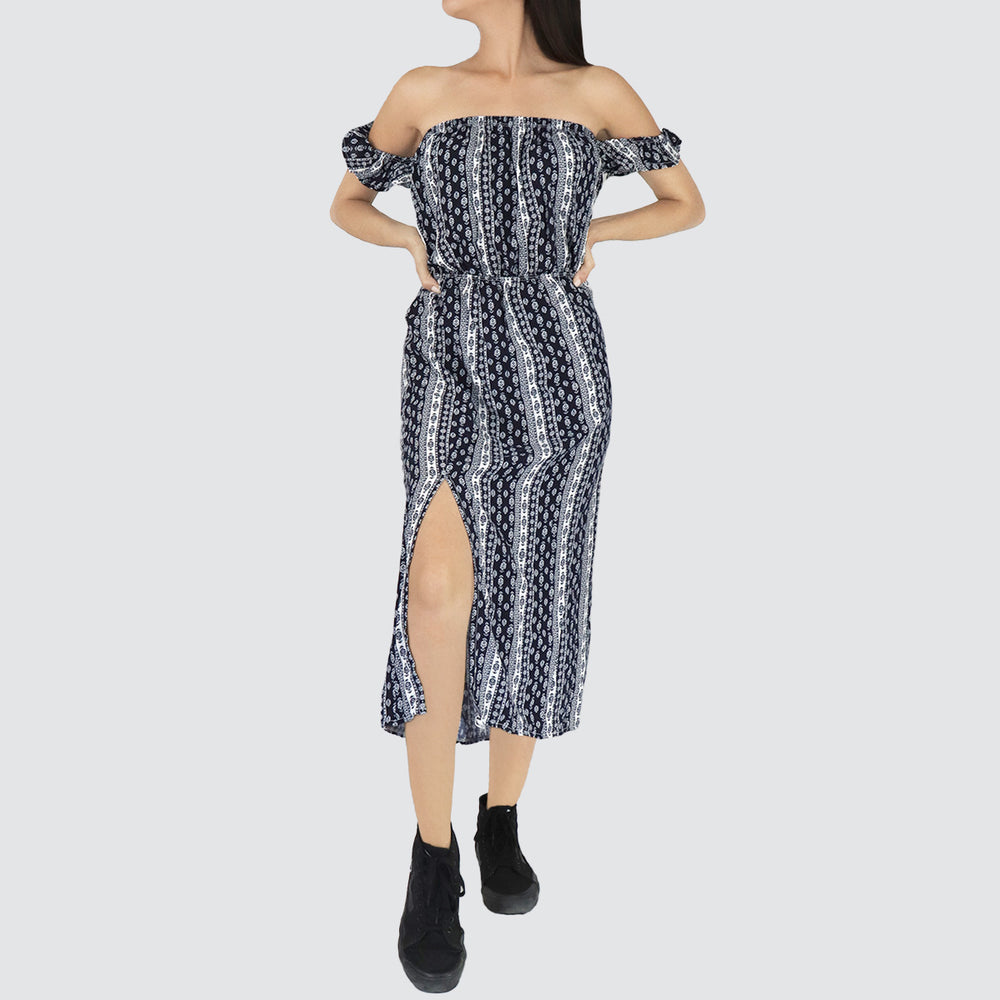Vestido Casual con Hombros Descubiertos para Dama, color Azul Marino