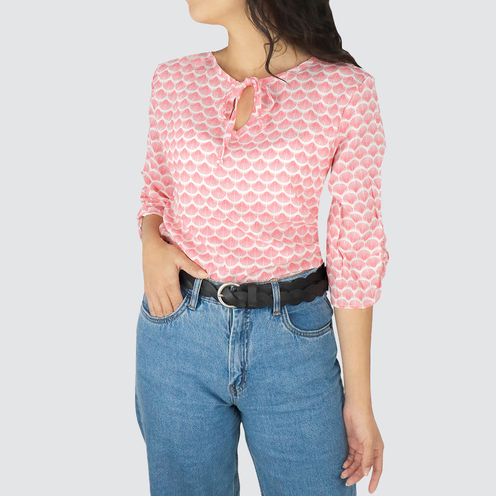 Blusa Casual con Mangas para Dama, color Blanco con Rosa