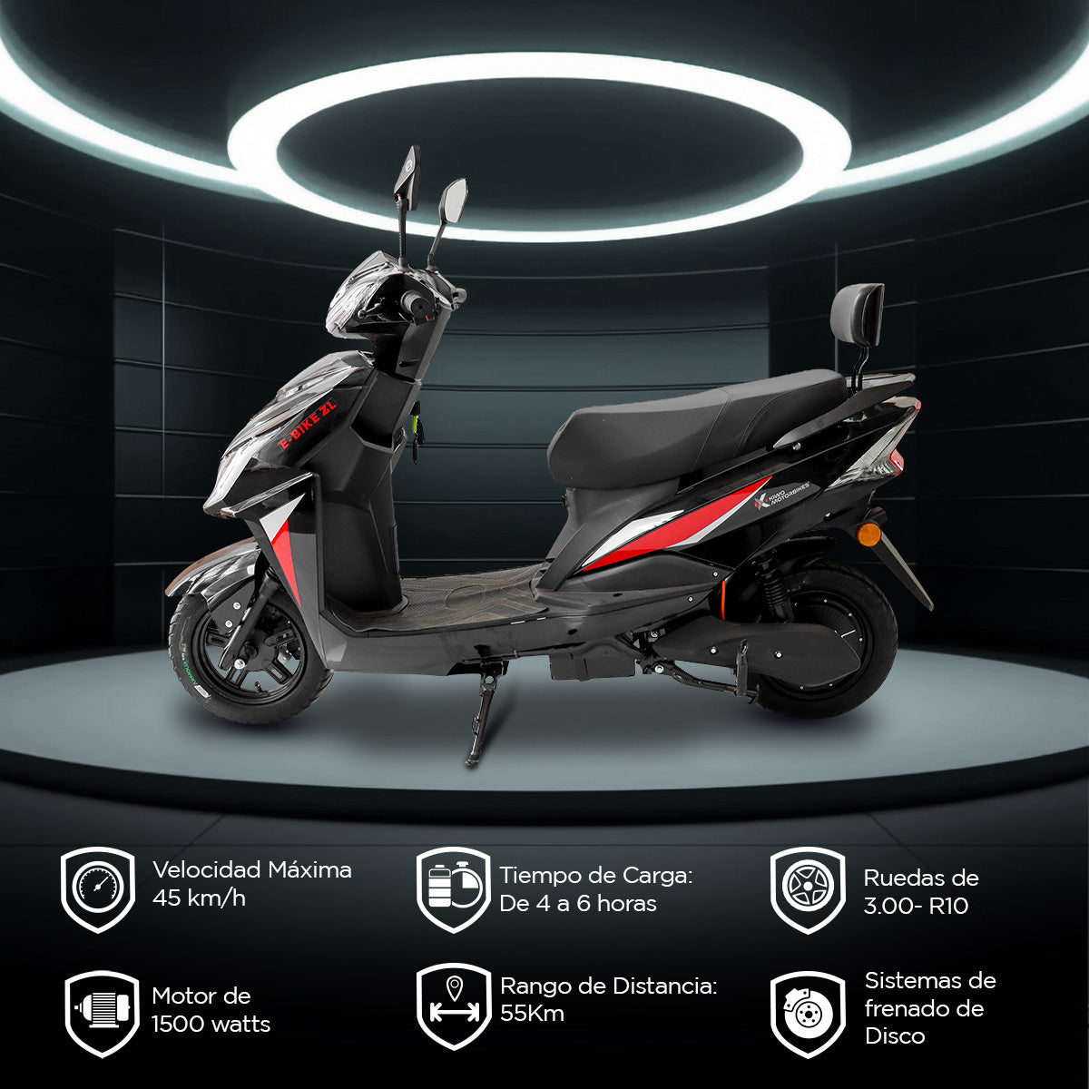 Motocicleta Eléctrica Kiwo E-Bike ZL color Negro con Rojo