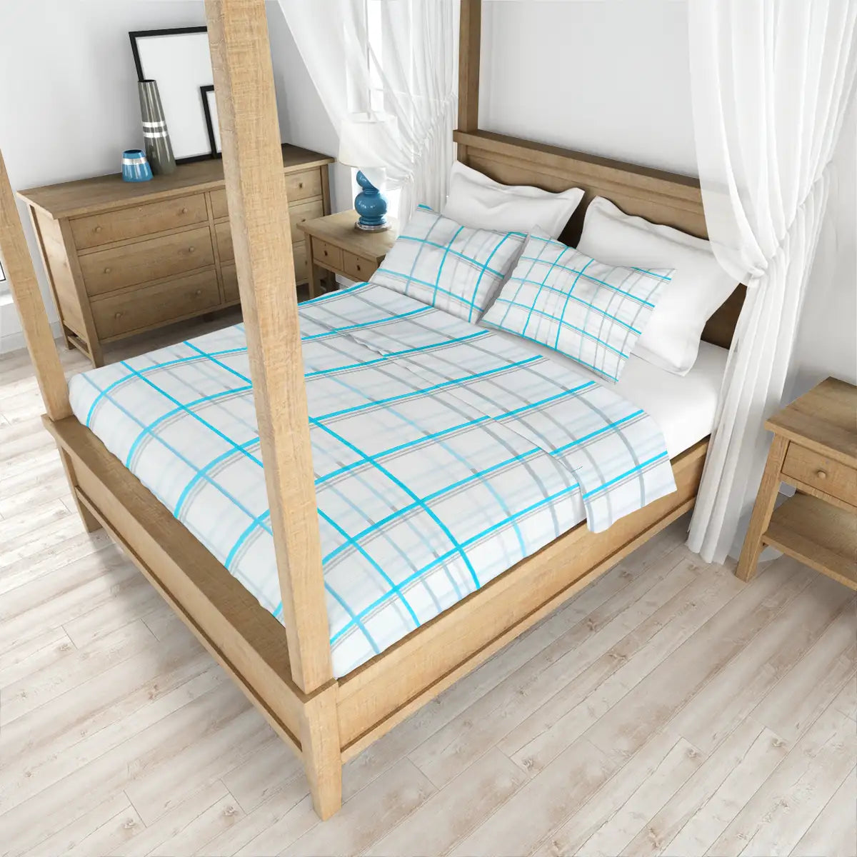 Juego de Sábanas Individual, Diseño Cuadros, Color Azul y Gris