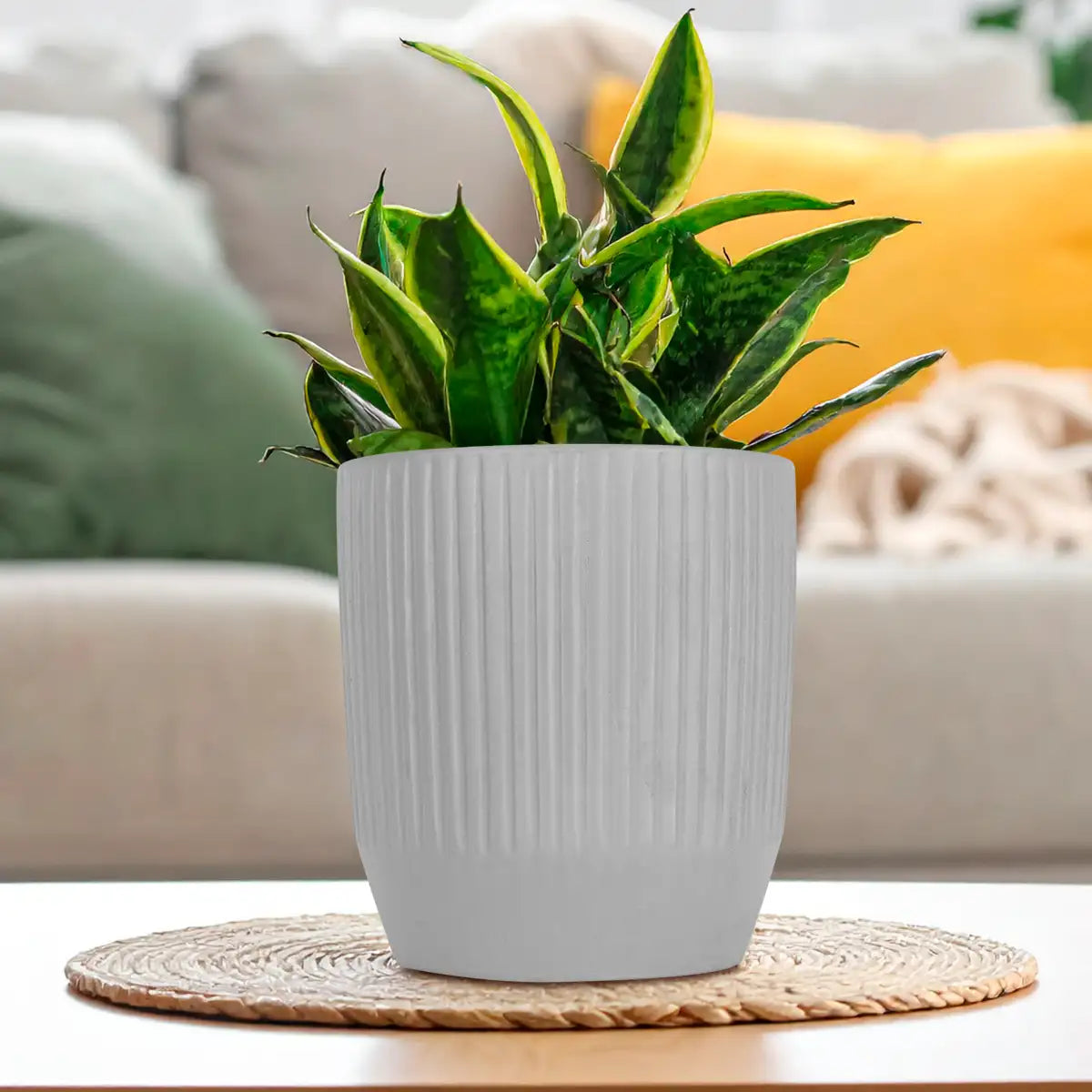 Maceta Textura Líneas de Cerámica, Color Gris, 14x12 cm