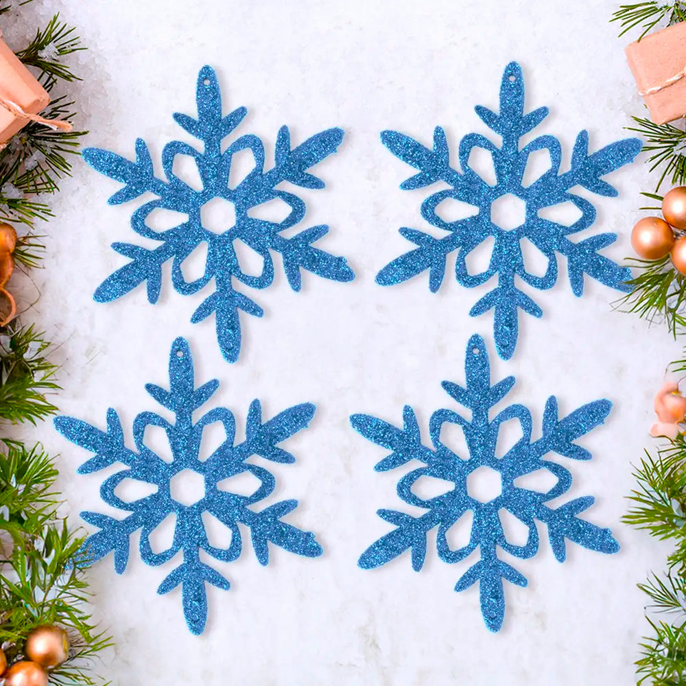 Ornamento Copo de Nieve con Glitter, Color Azul, 4 pzas