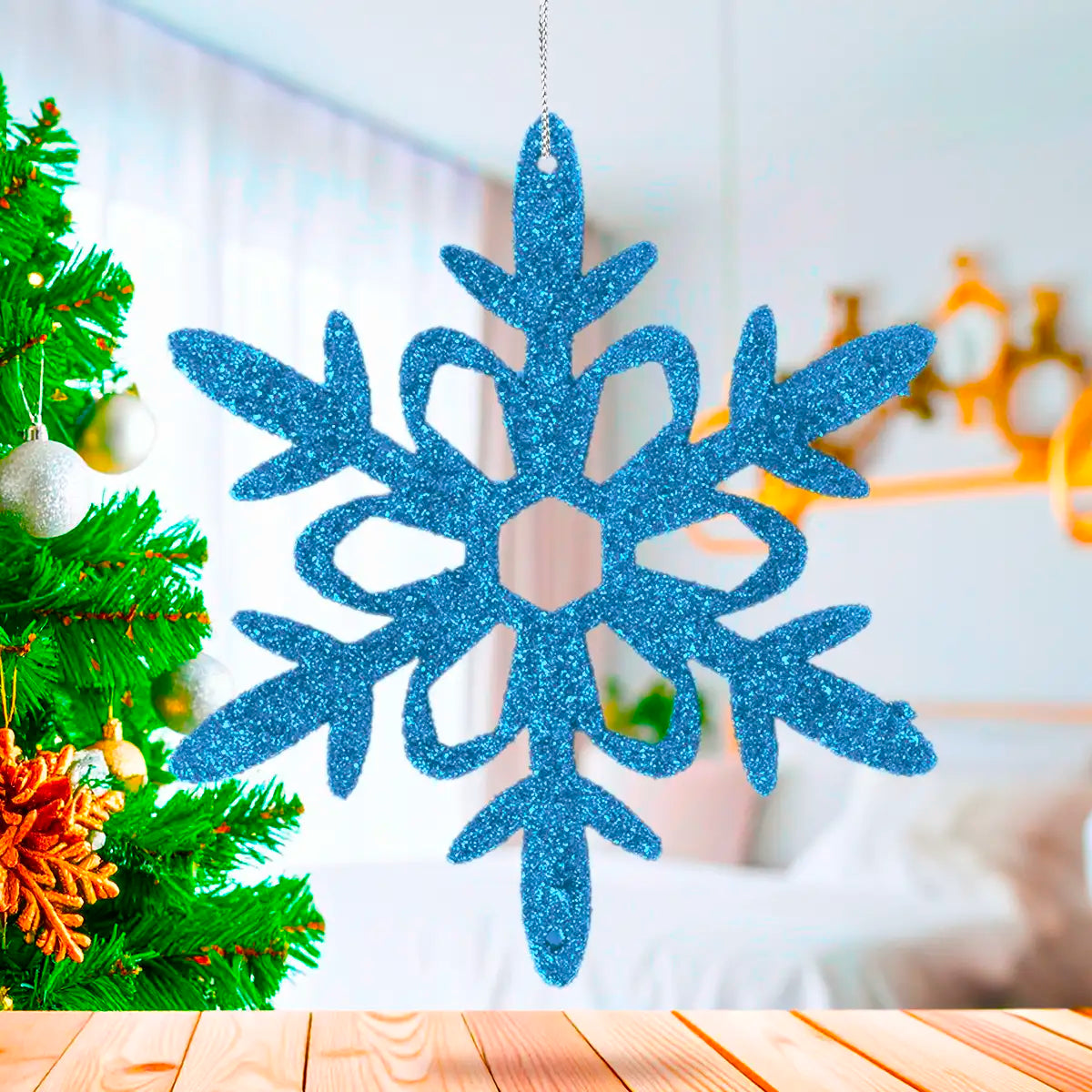 Ornamento Copo de Nieve con Glitter, Color Azul, 4 pzas