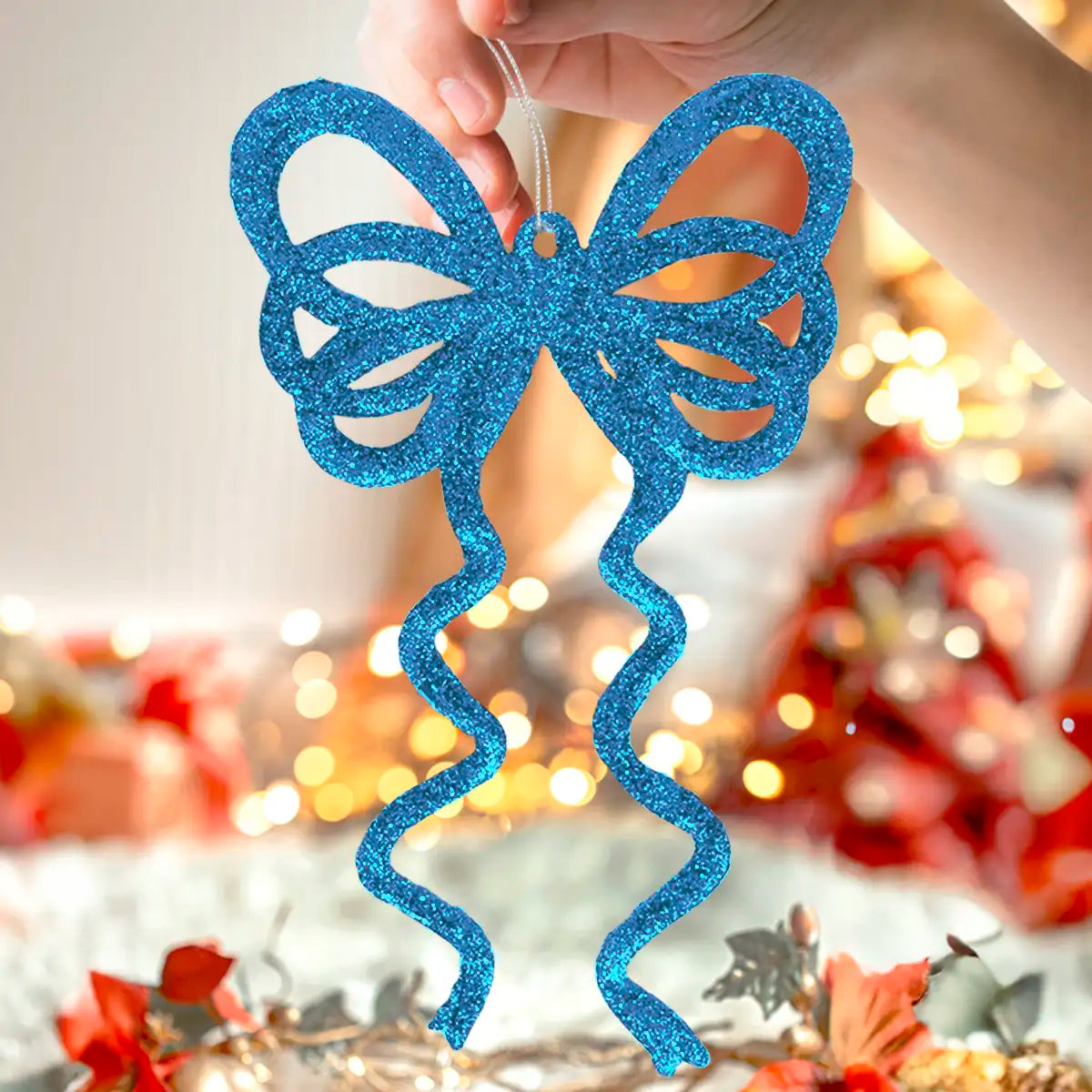 Ornamento Moño con Glitter, Color Azul, 4 pzas