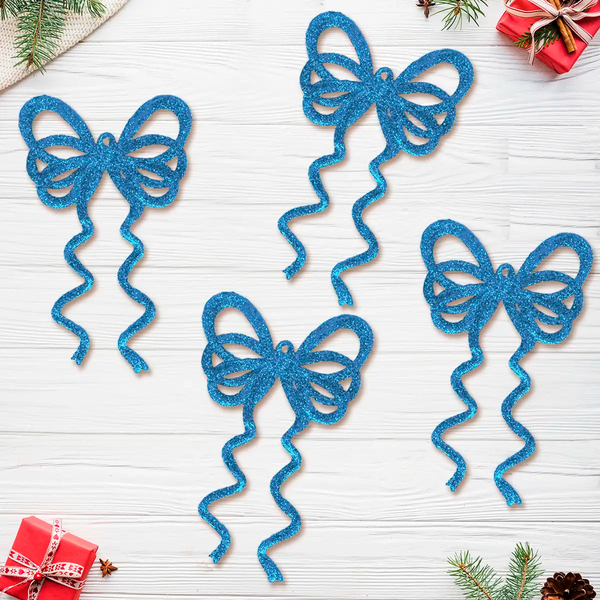 Ornamento Moño con Glitter, Color Azul, 4 pzas