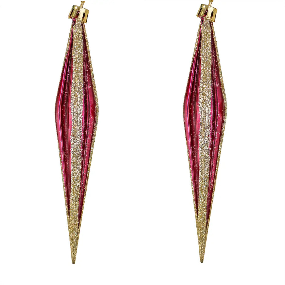 Esferas Navideñas, Forma Diamante Largo, Color Vino con Glitter, 2 pzas