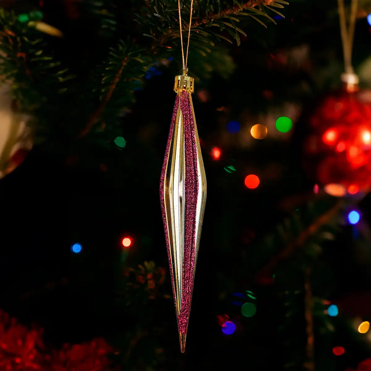 Esferas Navideñas, Forma Diamante Largo, Color Dorado con Glitter, 2 pzas