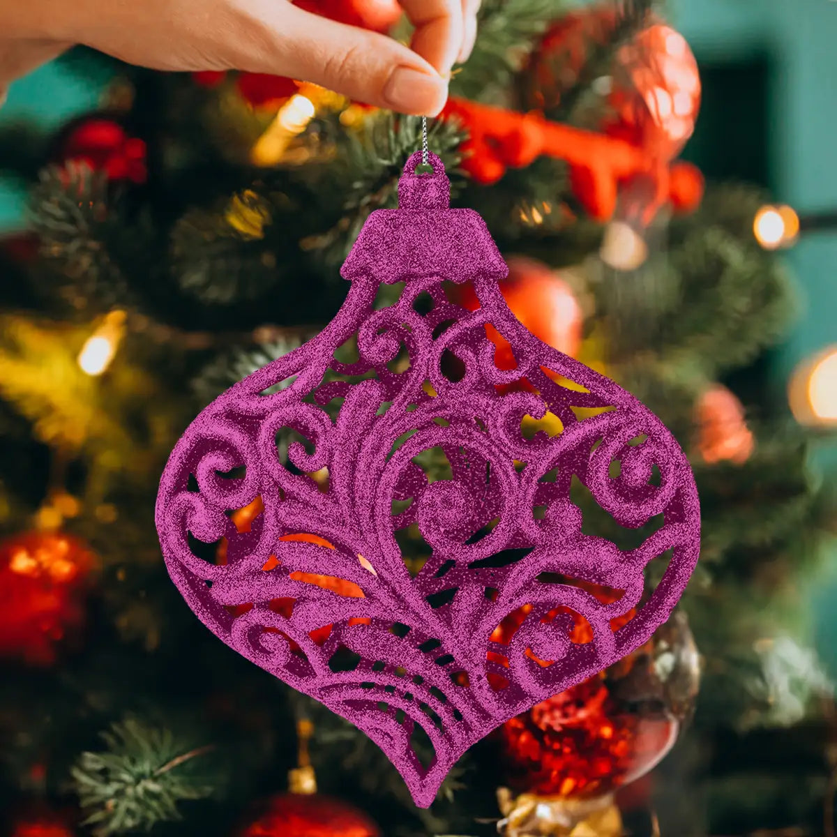 Ornamento Navideño con Glitter, Color Fucsia, 17 cm